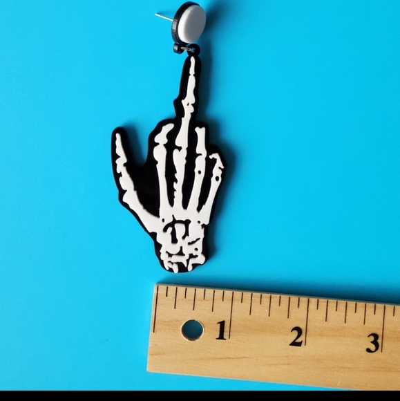Skeleton Middle Finger Hanging Earrings Gothic Skull Hand New - Picture 2 of 4